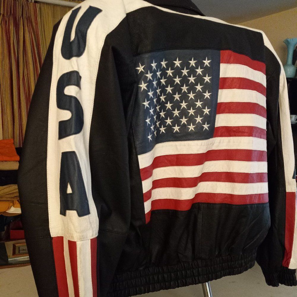 USA Extreme Biker Black Leather USA Flag Jacket